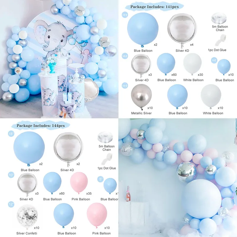 Металлическая гирлянда с воздушными шариками синими и серебряными макарунами