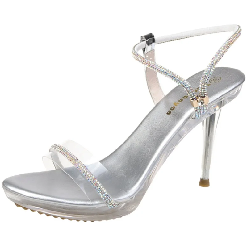 

High heel sandals female net red 2021 summer new diamond transparent thin heel sexy crystal shoes one word buckle sandals