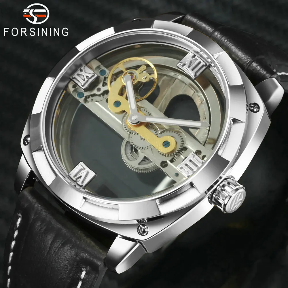 FORSINING модные повседневные часы для мужчин прозрачный дизайн золотой мост