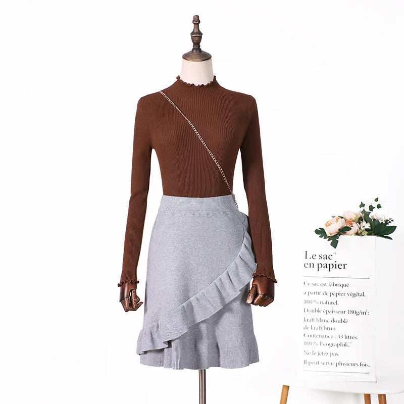 Autumn winter women knitting skirt Womens lady knit Retro Grey Irregular ruffled pleated A-line hip Skirt female skirts - Цвет: Серый
