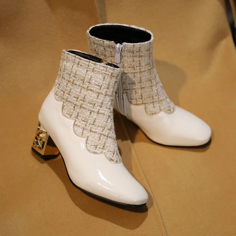 

REAVET CAT Autumn Women Mid-Calf boots Round toe Fretwork heels PU Zipper Patchwork Big size 34-45 Black White Cool Date S1973