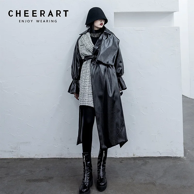 Женское твидовое пальто CHEERART длинное лоскутное из искусственной кожи и шерсти