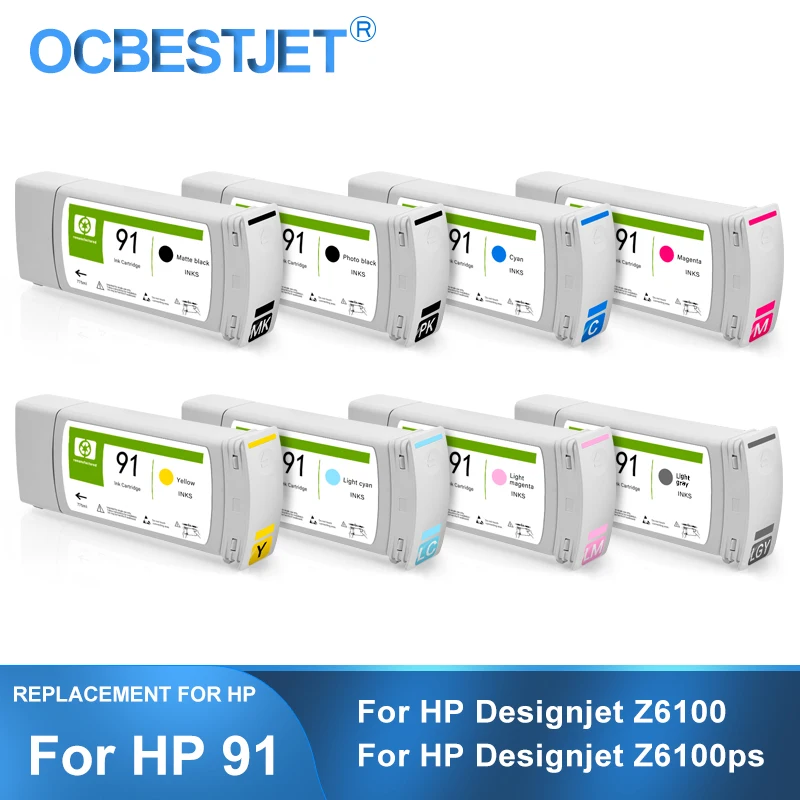 

[Third Party Brand] For HP 91 Replacement Ink Cartridge Full With Pigment Ink For HP Designjet Z6100 Z6100ps Printer 8Colors/Set