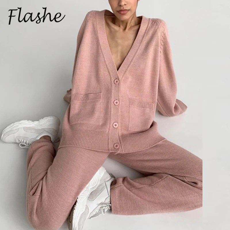 

Knitted Tracksuit Women V Neck Cardigan Sweater And Elastic Pants Set Women's 2 Piece Set Knitting Suit Winter Casual Outfits
