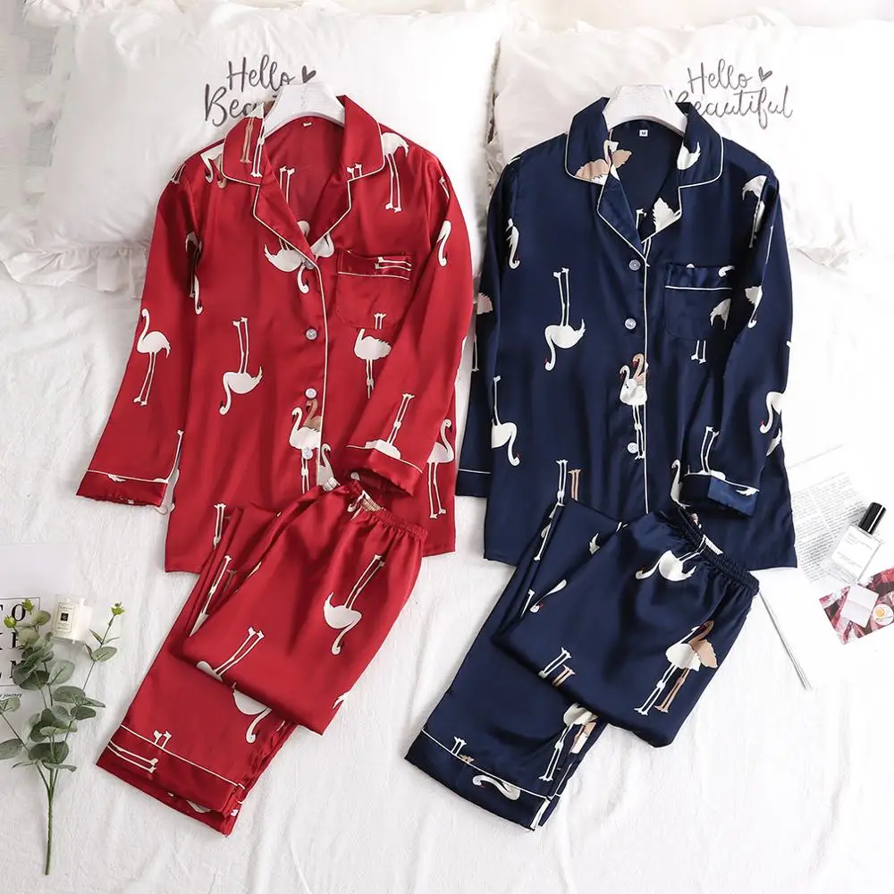 

Flamingo spring and summer new long-sleeved trousers silk pajamas imitation silk two-piece cardigan ice silk loose home wear