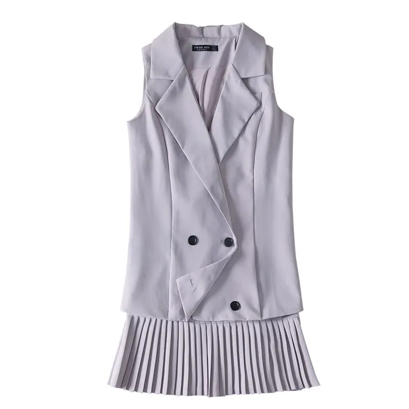 

PERHAPS U Office Lady Gray Two Pieces Suit Notched Tank Button Mini Pleat Ruched Short Dress Sleeveless Strap Elegant D0350