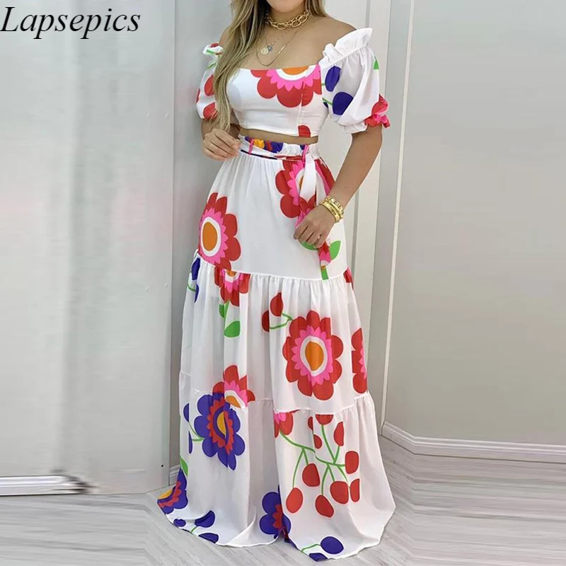 

Women Dress Set Floral Print Lace-up Puff Sleeve Backless Crop Top & Maxi Skirt Sets Sexy Summer Women Two Piece Set