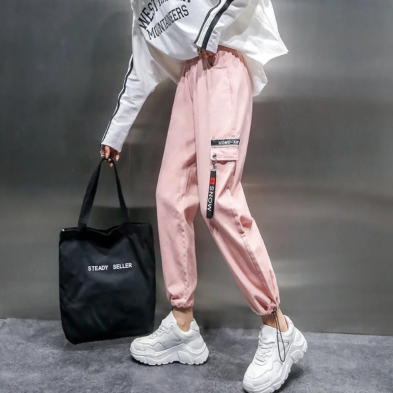 

Streetwear Women Cargo Pants Black Ribbons Joggers Female Pantalones Loose Trousers Casual Plus Size Korean Hip Hop Pants