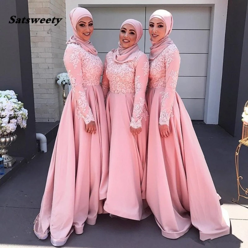 Vestidos de dama de honor Rosa rubor musulmán con patrones de manga larga, Apliques de encaje, vestido de fiesta de boda de satén, lo último