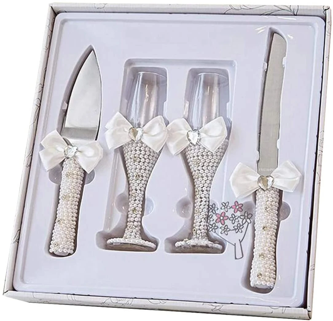 

4-Piece Wedding Supplies Cake Knife,Pie Server Set and Champagne Glasses Souvenir Bridegroom Gifts for Marry Party Birthday Show