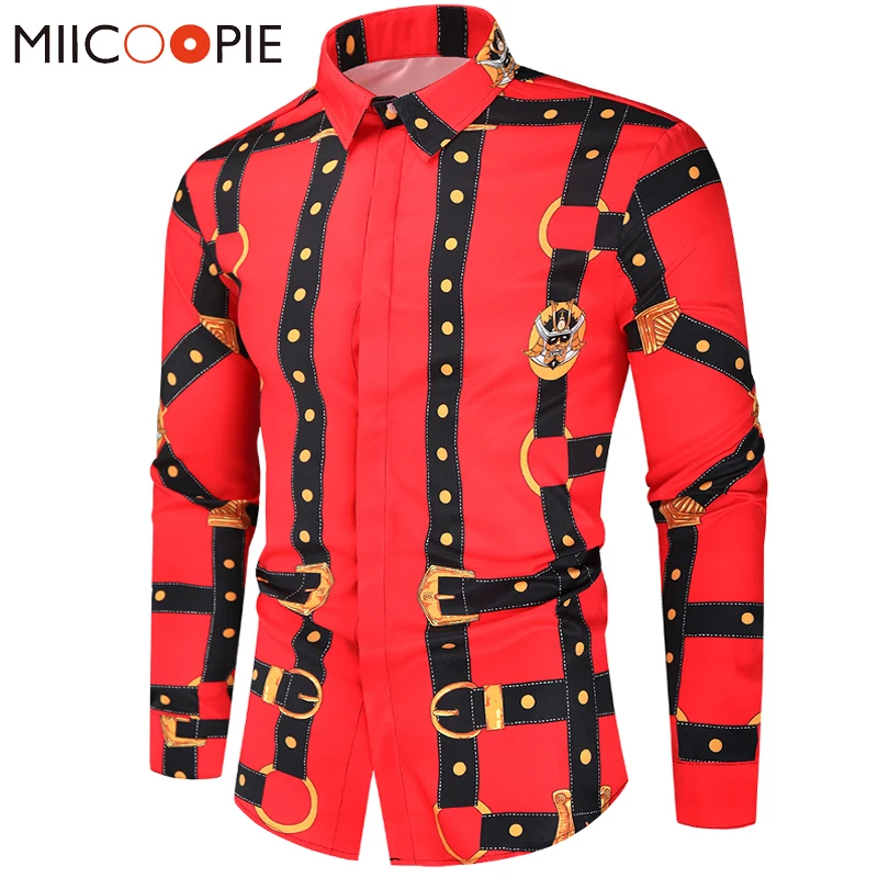 

Red Dress Shirt Mens Fashion 2021 New 3D Samurai Rivet Strap Printed Long Sleeve Shirts For Men Camisas Social Chemise Homme 4XL