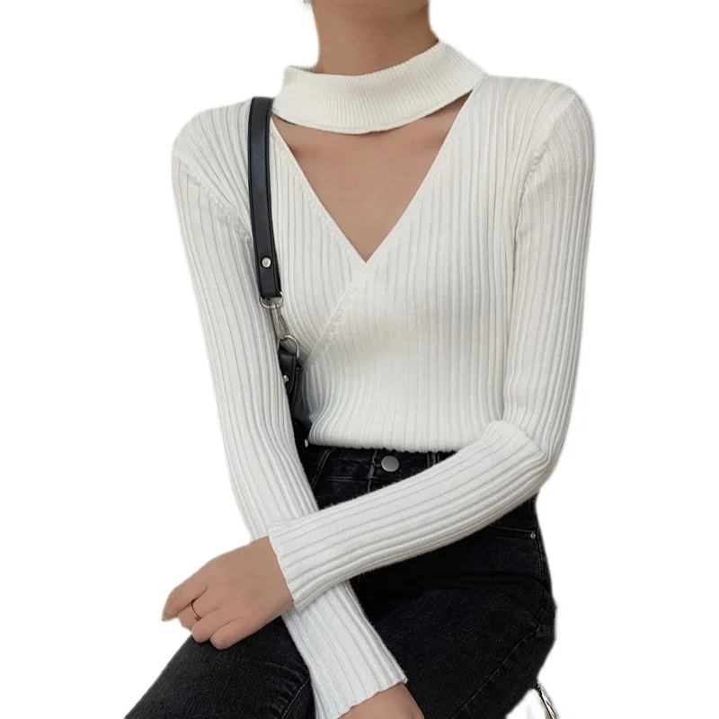 

JMPRS Hollow Out Women Sweater 2021 Spring Pullover Sexy V Neck Knit Jumper Slim Casual Office Solid Korean Long Sleeve Tops