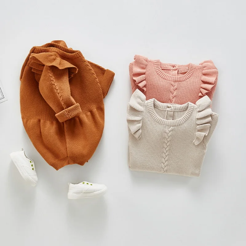 2021 nuevo oto&ntilde;o Body para beb&eacute; manga larga acampanada de cuello redondo lana de Color s&oacute;lido mono ni&ntilde;os ropa de 0-2 a&ntilde;os E336-2