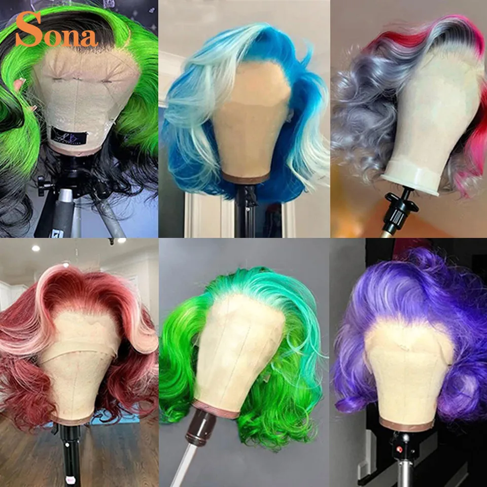 

Short Human Hair Wig Preplucked Ombre Colored Blue Green Purple Lace Front Wig Remy Hair For Women