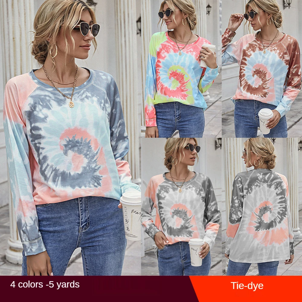 

Ladies Tie Dye Printed Round Neck Long Sleeve Pullover Loose Sweatshirt