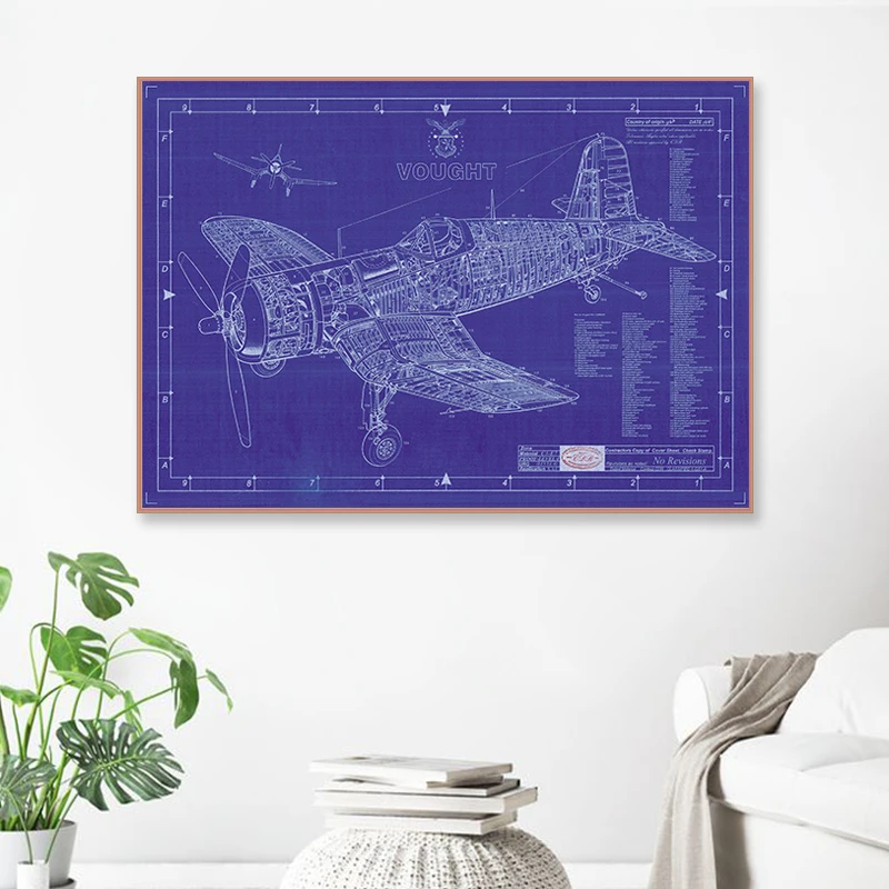 WW2 Plane F4U Corsair blueprintsci Fi Ретро винтажная наклейка из крафт бумаги Картина на холсте