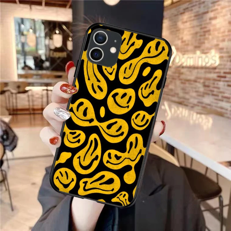 

Fshion Melting Smiley Face Soft TPU Cute Phone Case For iPhone 11 12 Pro MAX 7 8Plus XR XS MAX 6 6S 12Mini Black Silicone Cover