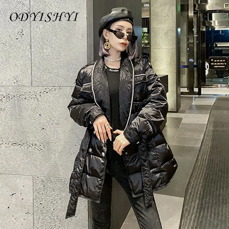 

Роскошная женская зимняя куртка-пуховик, модное черное теплое пальто на белом утином пуху с яркими бриллиантами и блестящей поверхностью, Ж...