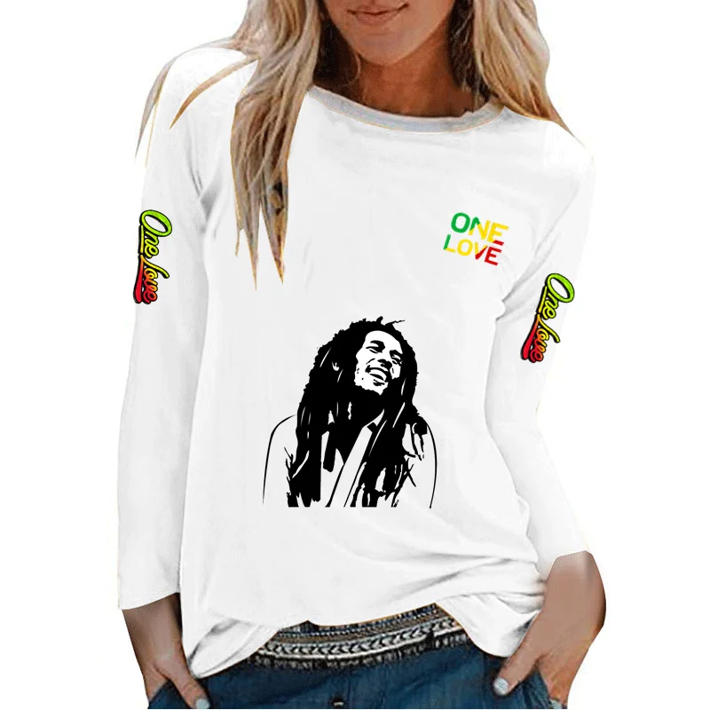 

Fashion T-shirt Bob Marley 3D printing casual long-sleeved round neck pullover summer top Harajuku oversized women's clothing