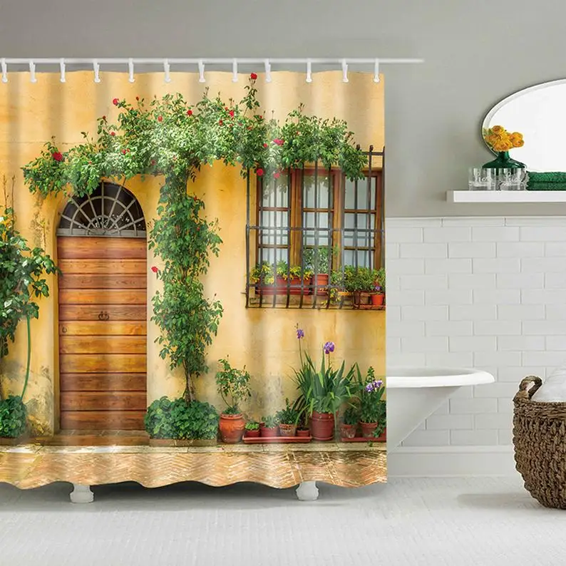 

Village Home House Flower Leaves Garden Plant Fabric Bathroom Curtain Décor