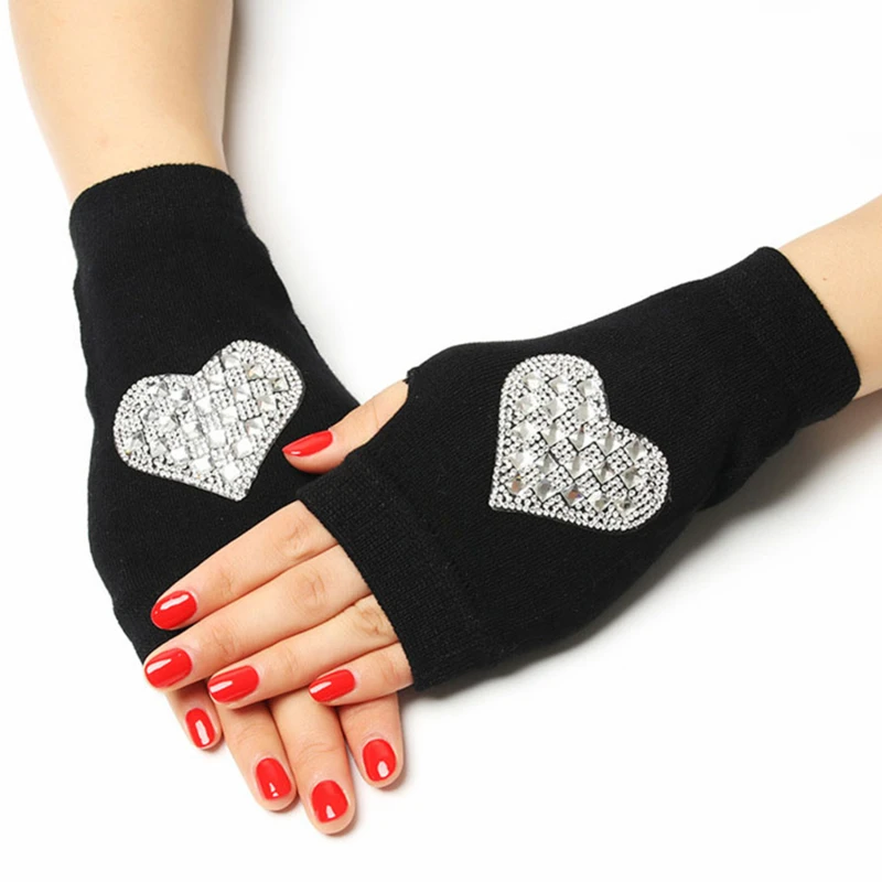 

Lovely Rose Printed Lady Rhinestone Fingerless Gloves Women Men Knitted Black Wool Half Finger Computer Mittens Warm Gloves