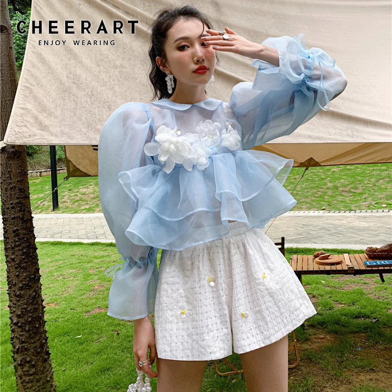 

CHEERART Organza Blouse See Through Sheer Top Elegant Peter Pan Collar Puff Sleeve Long Sleeve Peplum Blouse Fashion Designer