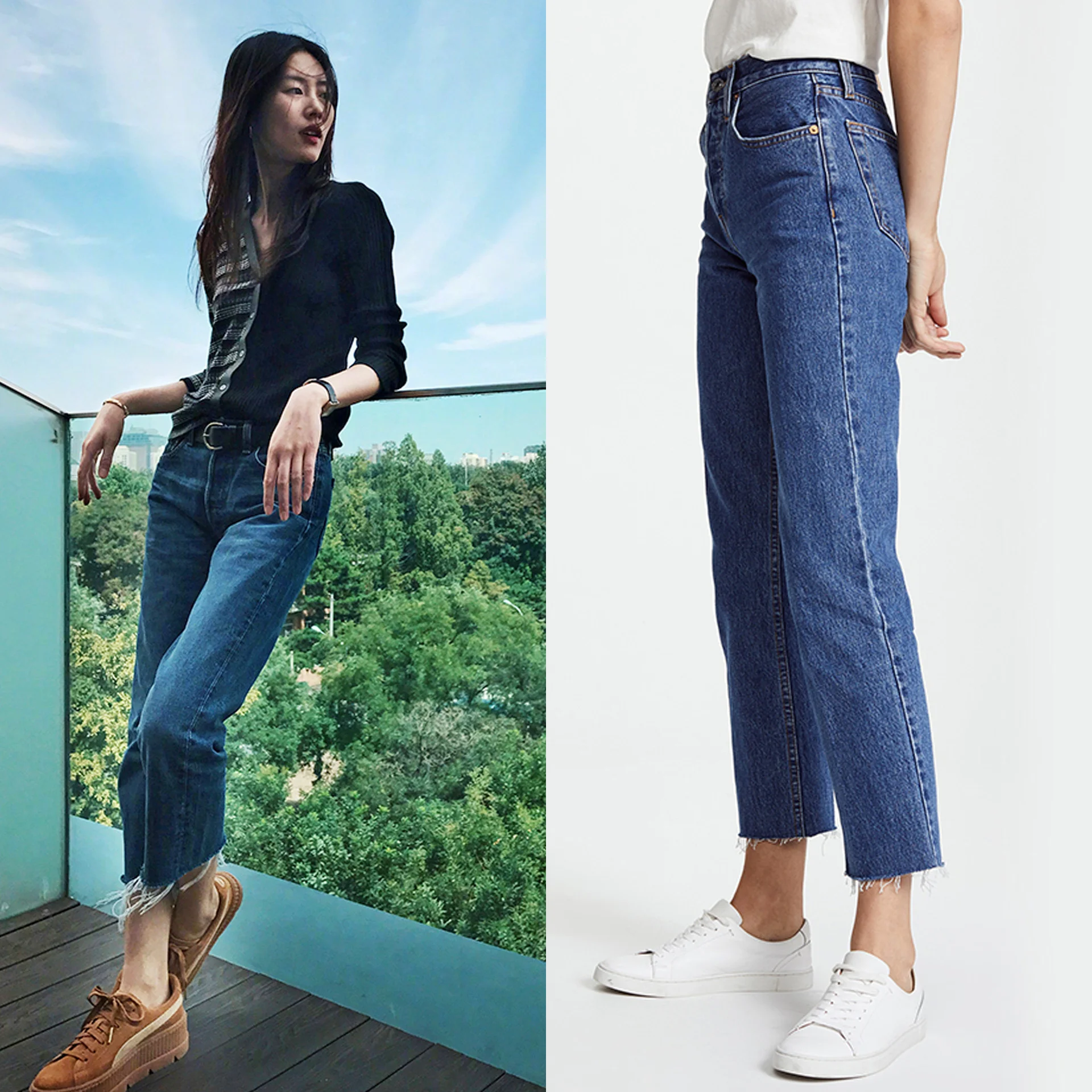 

2021 spring fram high waist blue cropped jeans women's elastic burr straight tube comfortable, the same as Liu Wen