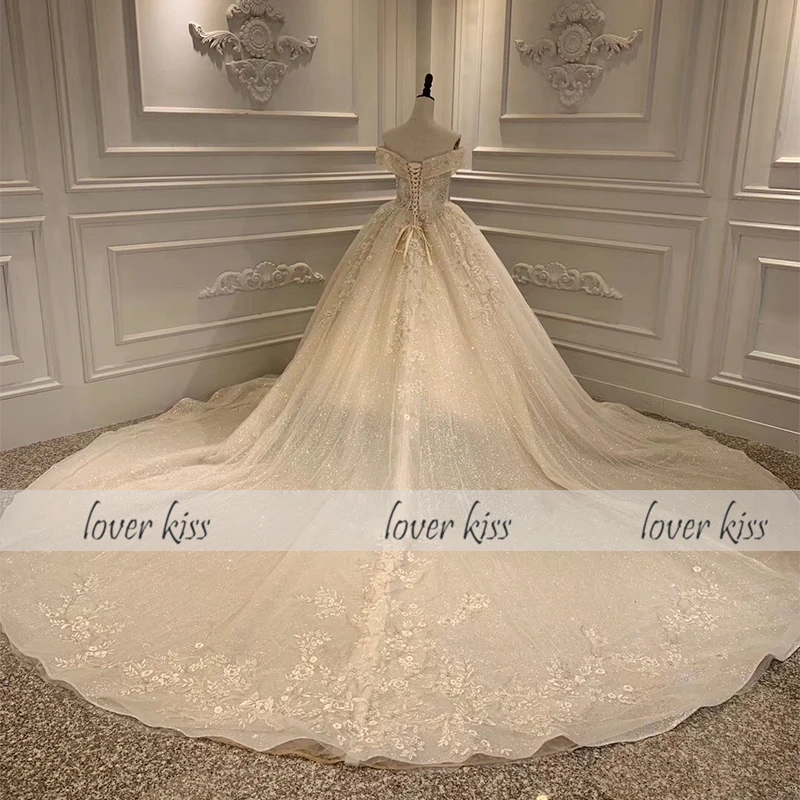 

Lover Kiss Vestido De Noiva Luxury Off The Shoulder Wedding Dresses Champagne Real Photo Princess Bride Ball Gown robe de mariee