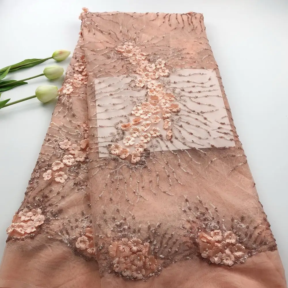 

Appliqued Lace 3D African Tulle Lace Fabric High Quality Bead/Sequins Lace Material Net French Embroidery Nigeria Lace Fabric HS