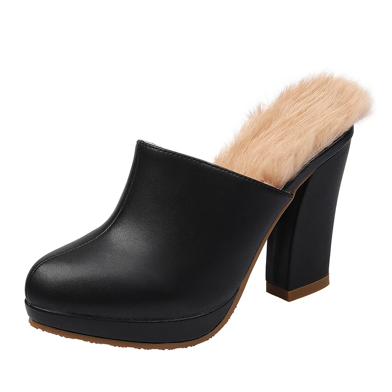 

Womens Real Rabbit Fur Platform Mules Block High Heel Slingbacks Warm Winter Furry Slides Leather Black New 2022