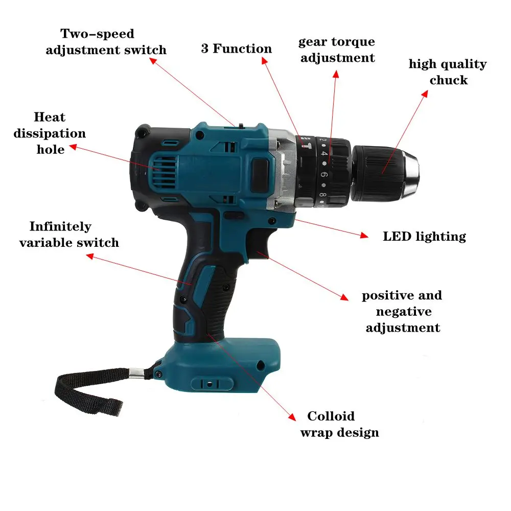 

13mm Electric Screwdriver 3 in 1 Electric Impact Drill Hammer 20+3 Torque Rechargable Cordless Brushed Drill For Makita Battery