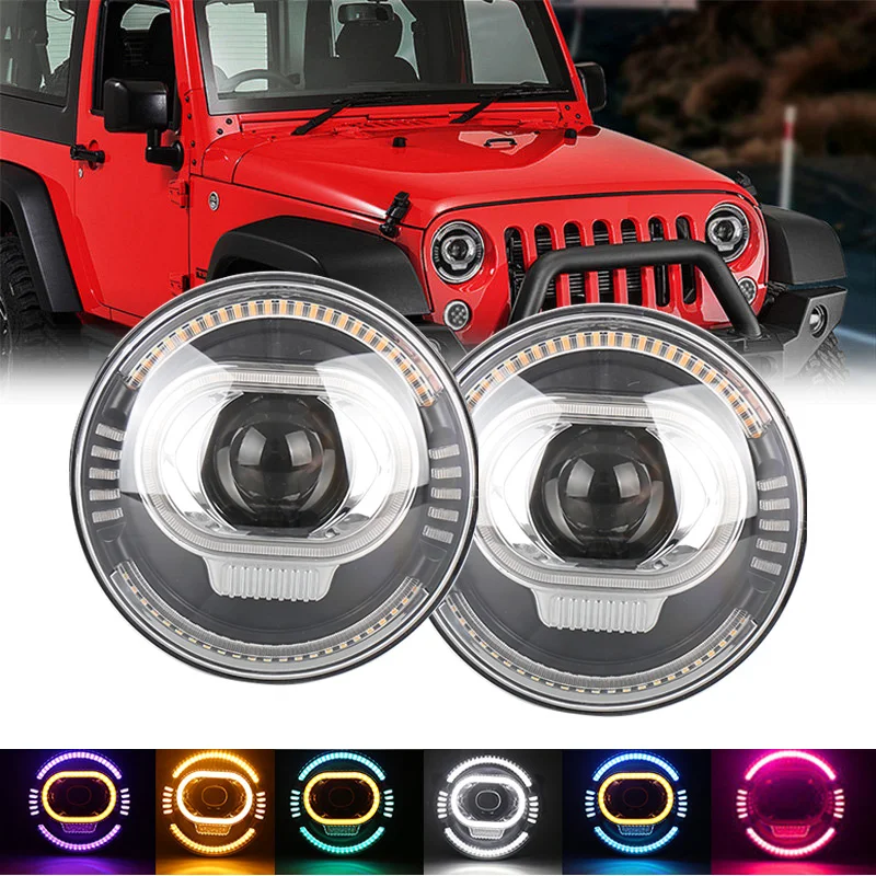 

7-дюймовый светодиодный налобный фонарь, Ближний/Дальний свет, DRL светильник свет, RGB, дневные ходовые огни, белый, желтый, управление, светодиодное кольцо Halo для Jeep Wrangler JK