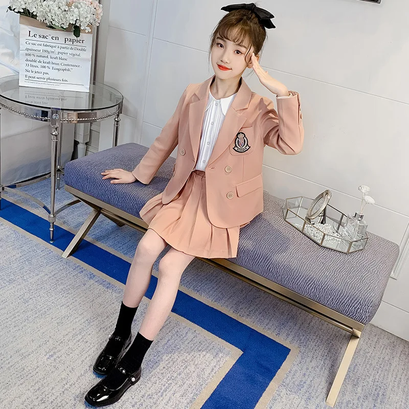 

Teenage Girls Clothing Set Girls Solid Suits Double Breasted Blazer Skirt Suit British Style School Tracksuit Kids Clothes 6 8 Y