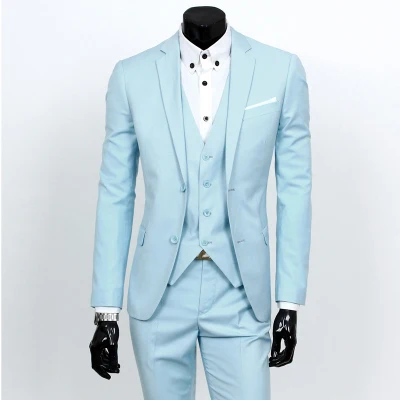 Light blue 2 button Пиджак+ жилет+ брюки) весенние Мужские приталенные деловые костюмы из трех предметов мужские вечерние костюмы жениха/мужские свадебные блейзеры - Цвет: Light blue 2 button