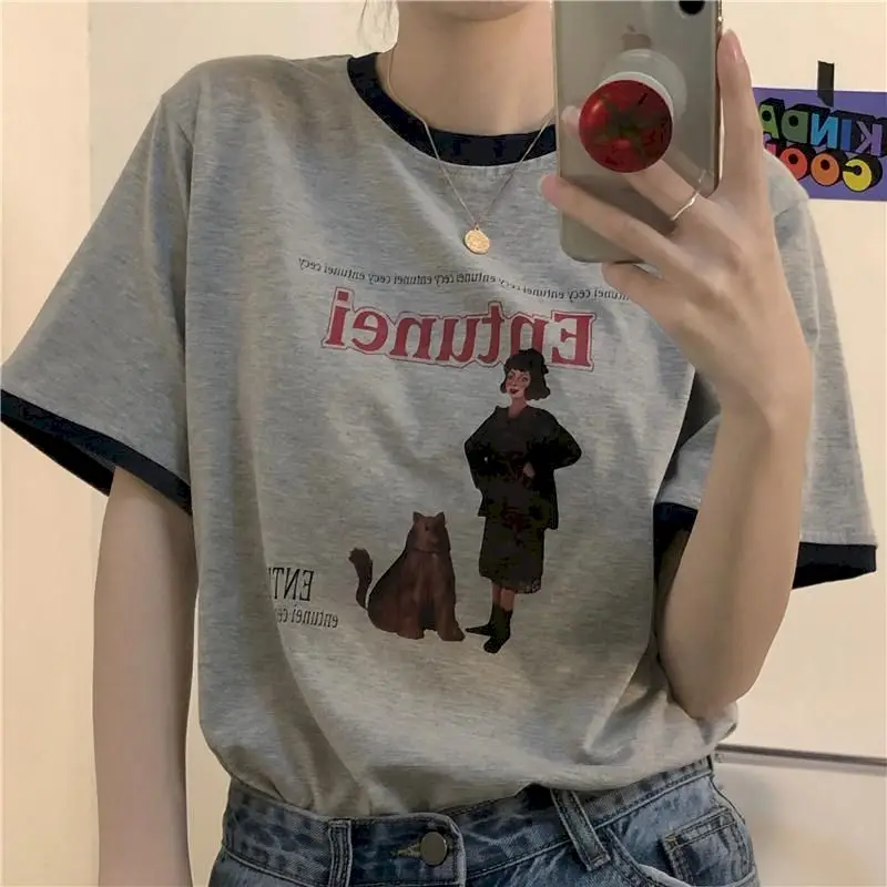

Vintage cartoon women's t-shirt short sleeve stitch gray basic summer Korean fashion 2021 top streetwear harajuku female clothes