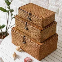 woven straw storage bins with lid set of 4 rectangular seagrass basketstorage basket for shelf organizer