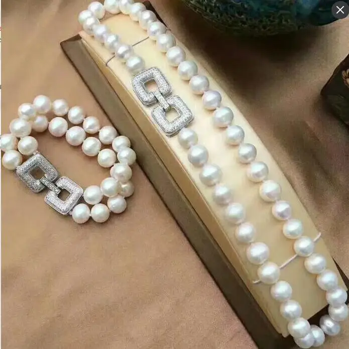 

free shipping >>>>noble jewelry 9-10mm Freshwater white pearl necklace braceler set