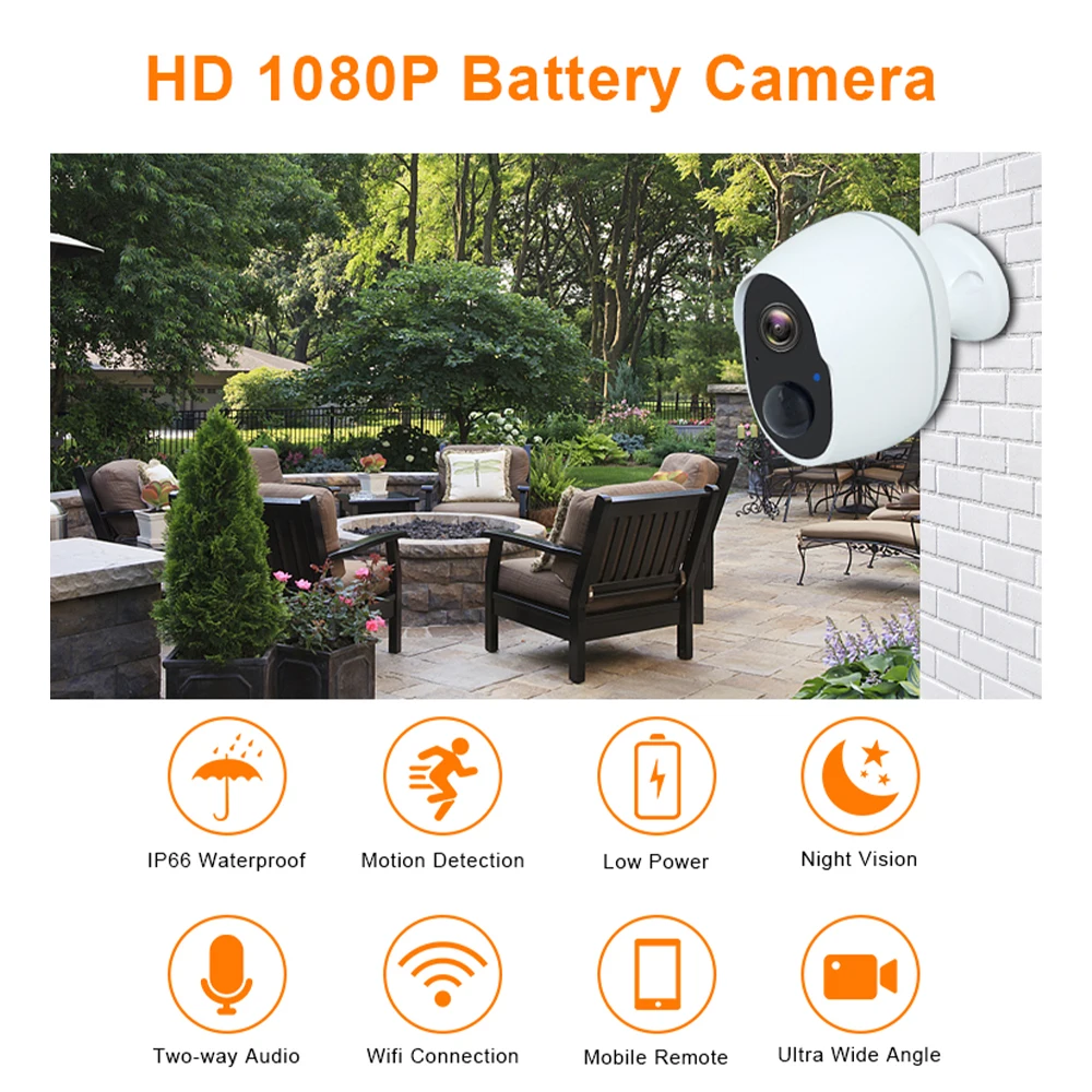 

AP Mode Rechargeable Wire-Free Battery IP Camera 1080P FHD Outdoor IP66 Outdoor Security Camera Cloud Storage SOS Siren Alarm