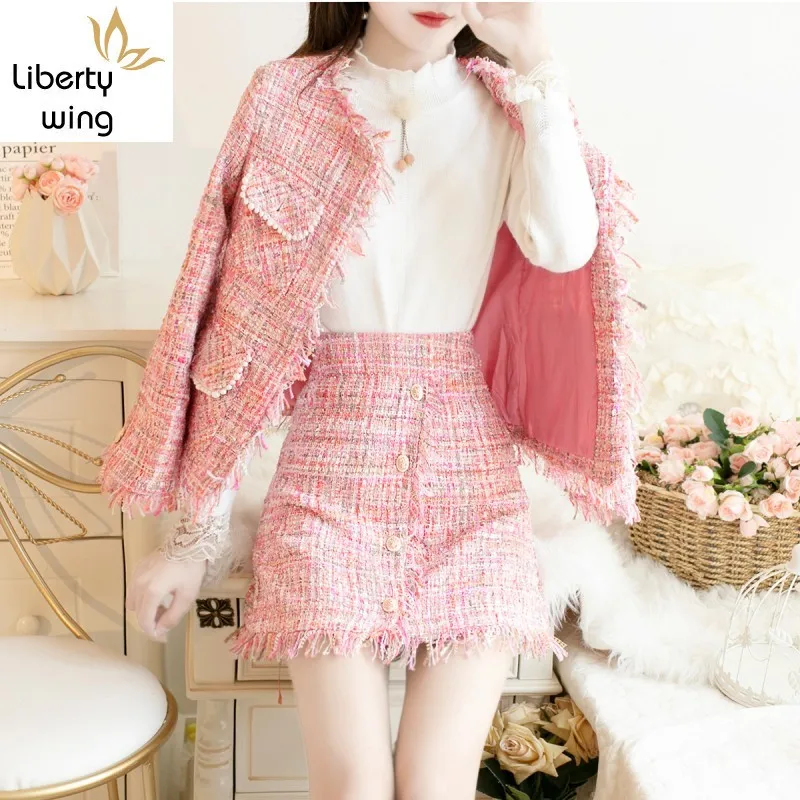 Fashion Office Ladies Slim Fit Tweed Jacket Two Piece Set Sexy Mini Skirt Party Outfits Tassels Brand Twill Suits Matching Sets