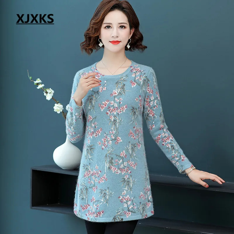 XJXKS Exquisite printed women long sweater pullover 2019 autumn winter new loose plus size mink cashmere knitted dress | Женская одежда