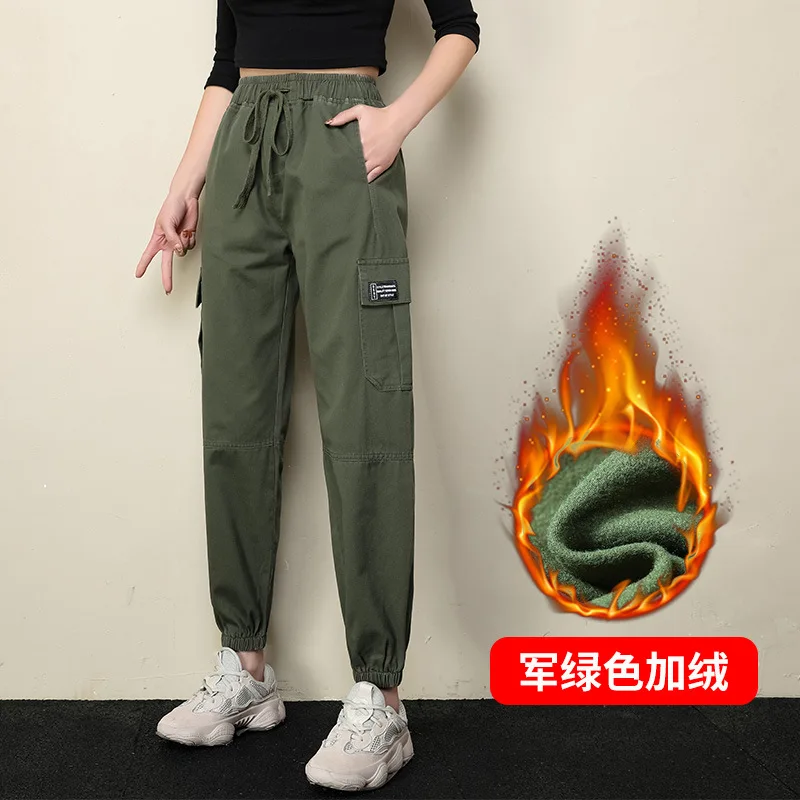 

High Waist Pants Women Cargo Pants Women's Fleece-Lined Beam Leg Korean Version Was Thin Loose-Fit New Winter Casual