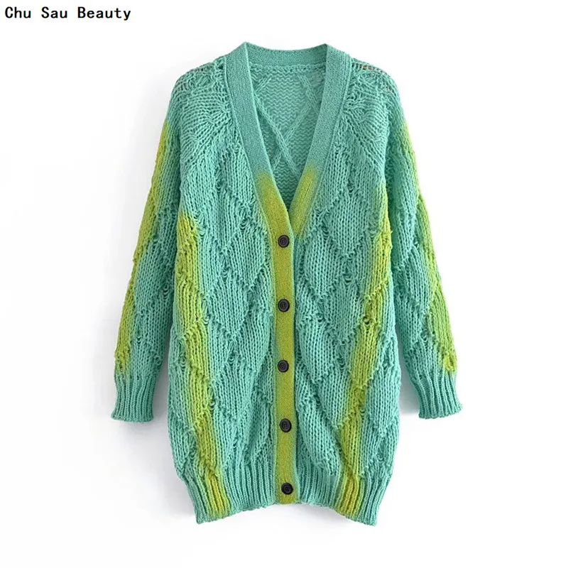 

New Women's Fashion V-Neck Midi Sweater Jacket Fall/Winter Single-Breasted Long Sleeve Trend Gradient Color Loose Knit Cardigan