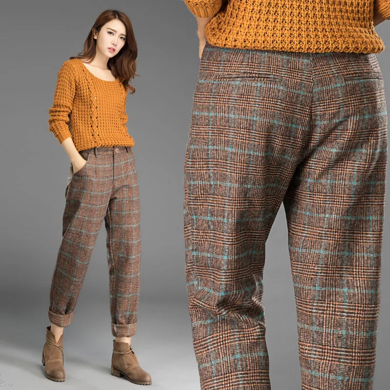 Модные осенне зимние женские шерстяные брюки в клетку повседневные свободного