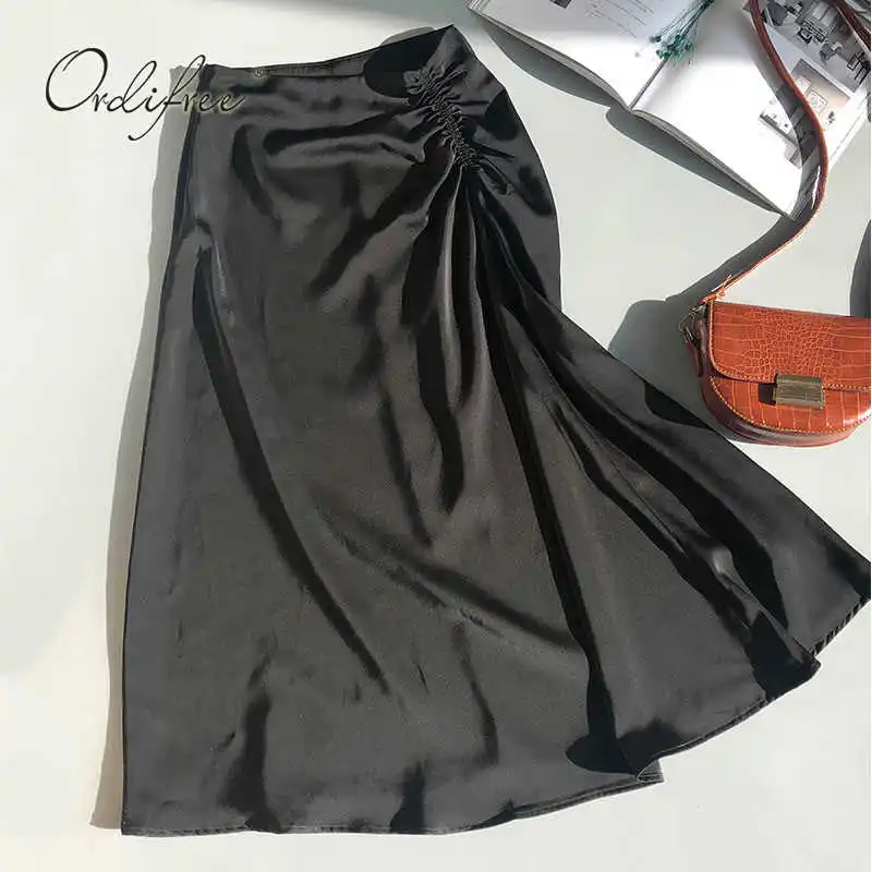 

2021 Summer Vintage Women Satin Skirt Draped Slim Elegant Shiny Silk Party Midi Skirt