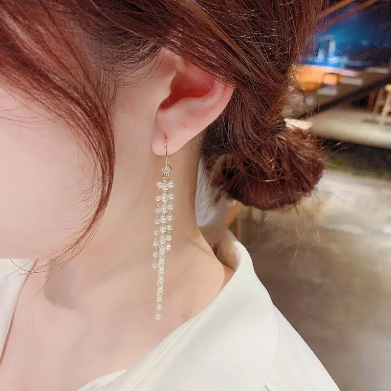 

Korean temperament fashionpersonality pearl super fairy long tassel ear line simple personality modifies eardrop female of women