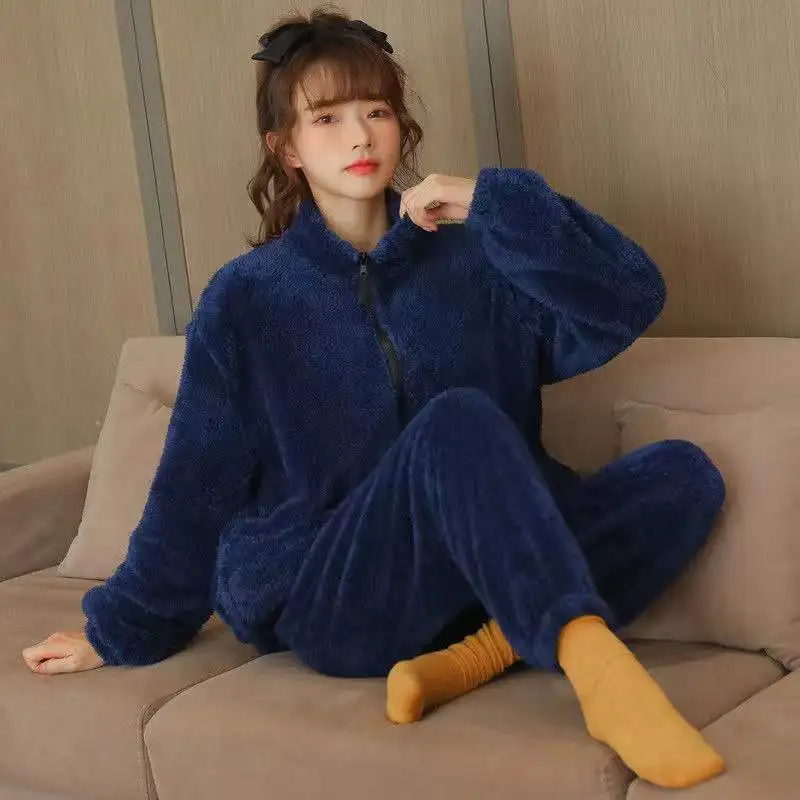 Winter Pajama Set Women Thicken Warm Flannel Lounge Suit Sleepwear 2 Piece /Set Long Sleeve Trousers Nightgown Pijama Homewear