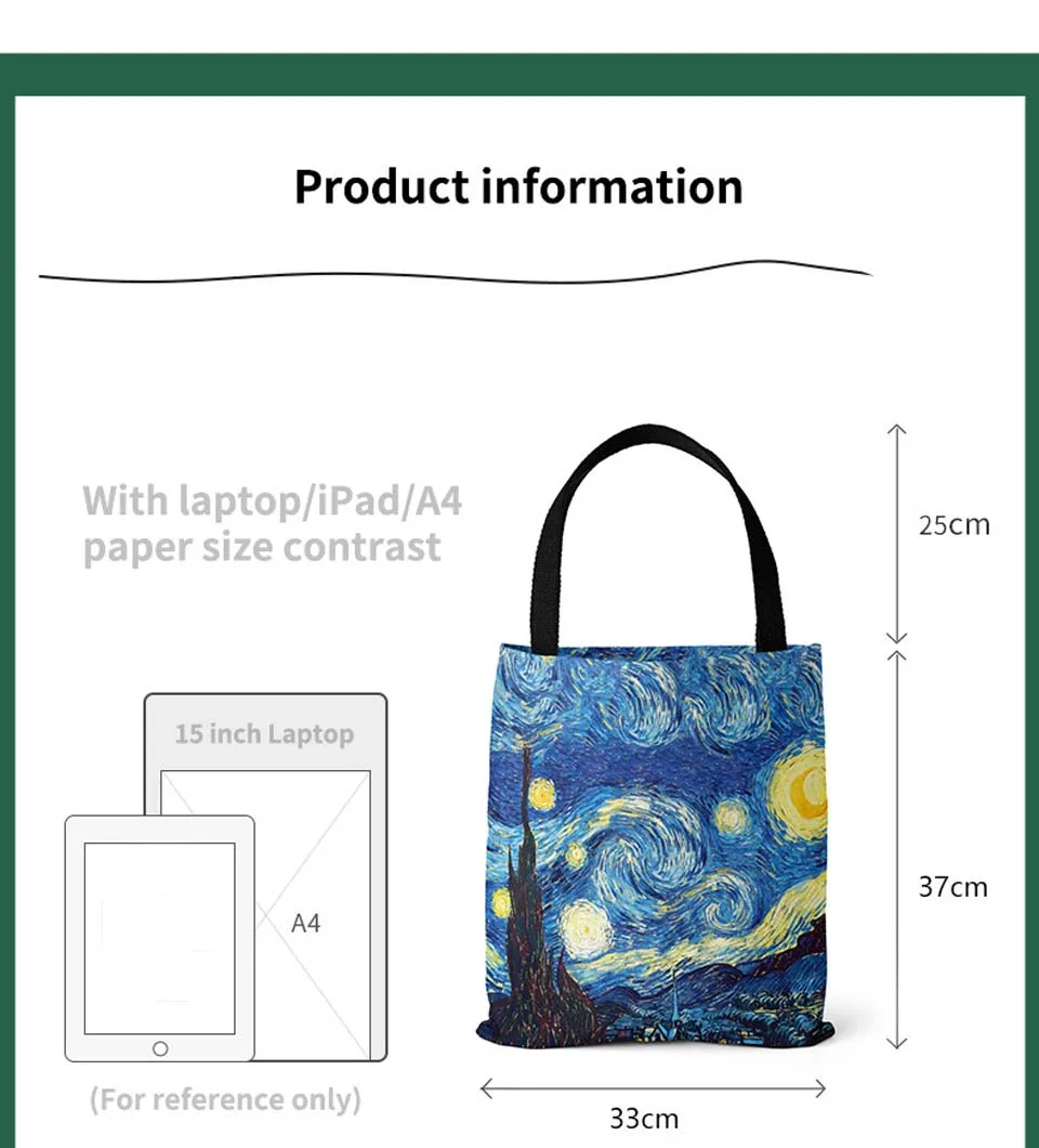2021 New Van Gogh Oil Painting Tote Bag Retro Art Travel Beach Bag Women Portable Eco Shopping  Foldable Handbag Ladies images - 6