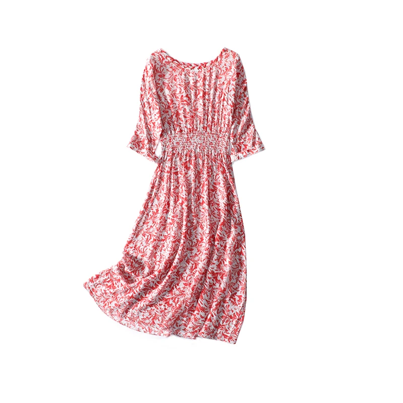 

New 100% silk Romantic amorous feelings Nordic a word shoulder waist printing seven sleeve dress a8848