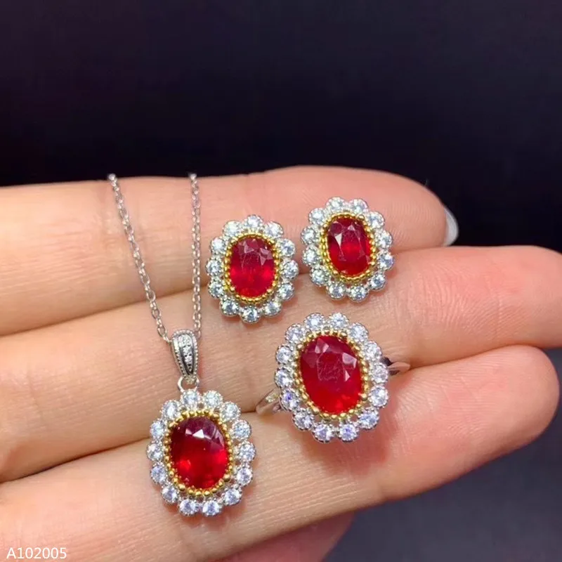 

jewelry 925 Sterling Silver Newly Burnt Ruby Girl Ring Ear Stud Pendant Set Mini Small Oval Faceted Luxurious Support Re-examina