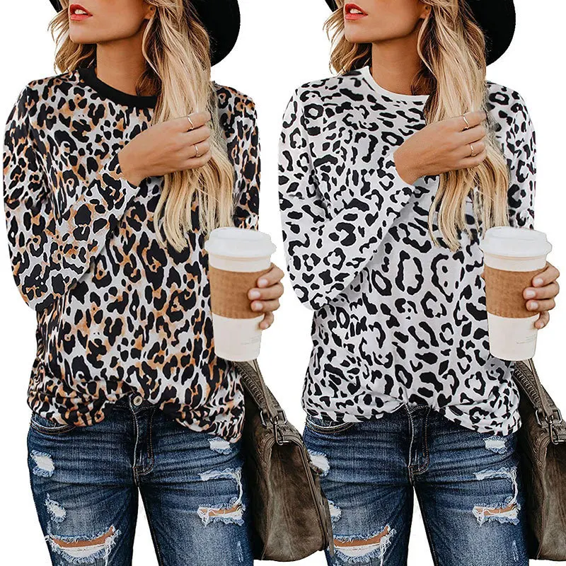 Женская Повседневная Свободная футболка с круглым вырезом и леопардовым принтом